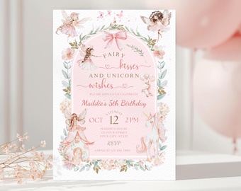 Fairy Birthday Invitation, Fairy Kisses and Unicorn Wishes, Any Age Editable Canva Invite