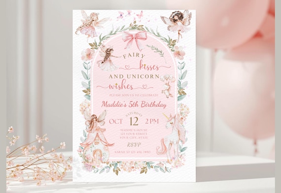 Fairy Birthday Invitation, Fairy Kisses and Unicorn Wishes, Any Age Editable Canva Invite