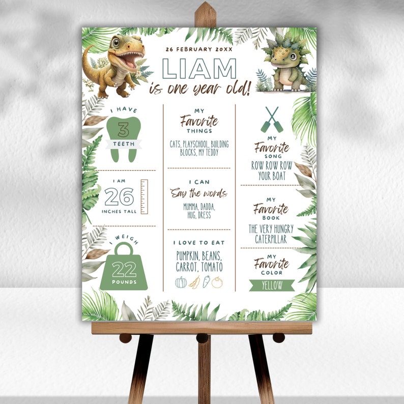 Dinosaur 1st Birthday Milestone Sign, Printable T Rex Milestone Poster ...