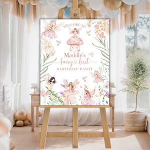 Fairy First 1st Birthday Welcome Sign, Wildflower Garden Girl Poster, Magical Fairy Birthday Decor, Enchanted One, Editable Any Age, CPD02