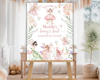 Fairy First 1st Birthday Welcome Sign, Wildflower Garden Girl Poster, Magical Fairy Birthday Decor, Enchanted One, Editable Any Age, CPD02