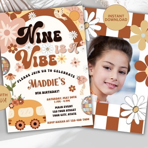 Editable Nine is a Vibe Birthday Invitation, Groovy Retro Invite, Ninth Birthday, Instant Download,  Printable Canva Template, Hippie Invite