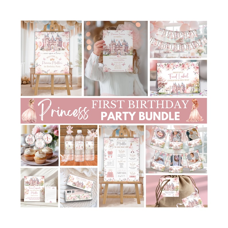 Editable Princess 1st Birthday Invitation Bundle, Party Package ...