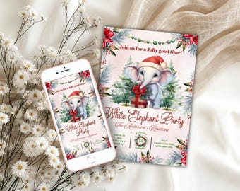 White Elephant Christmas Party Invitation, Editable Canva Invite, Printable Digital Instant Download, Iphone Template, Holiday Gift Exchange