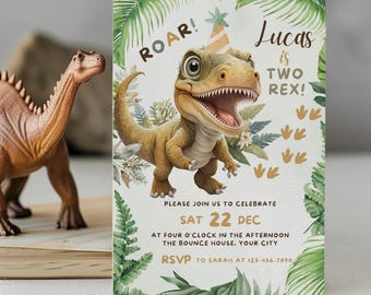 Two Rex Dinosaur Birthday Invitation Editable | 2 Year Old Boy Birthday Invite | Jurassic Dinosaur Party | Instant Download