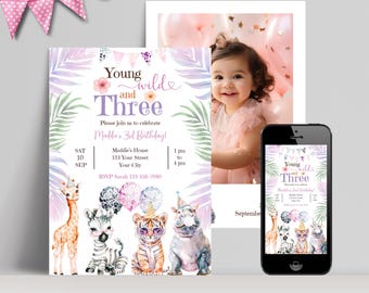 Young Wild en drie 3e verjaardag uitnodigen, bewerkbare afdrukbare Safari derde verjaardag uitnodigen, jungle dieren feestthema, Instant Download