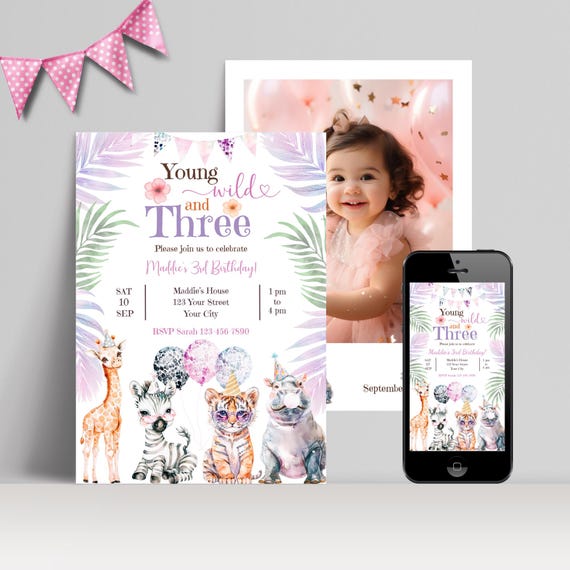 Young Wild And Three 3rd Birthday Invite, Editable Printable Safari Third Birthday Invite, Jungle Animals Party Theme, Instant Download