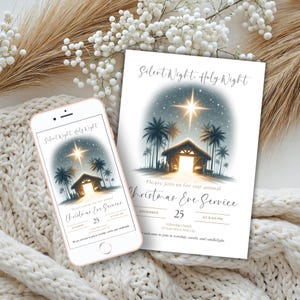 May include: A Christmas Eve Service invitation with the text "Silent Night, Holy Night" and a nativity scene illustration. The invitation is displayed on a smartphone and a printed card, both featuring the same design. The date is December 25.