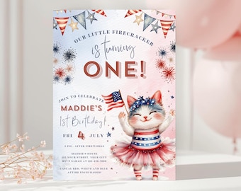 Little Firecracker First Birthday Invitation, Patriotic Girl 1st Birthday Invite, 4th of July Birthday Template, Editable