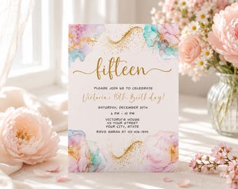 Bewerkbare 15e verjaardagsuitnodiging, mobiele uitnodiging, minimalistische boho, 15e verjaardagsfeestje, instant download, paars goud Glam Party Invite