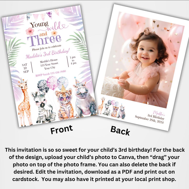 May include: A printable invitation for a 3rd birthday party with a jungle theme. The invitation features a pink and purple color scheme with a watercolor illustration of a giraffe, zebra, tiger, and hippo. The text on the invitation reads "Young, Wild, and Three" and includes the date, time, and location of the party. The back of the invitation has a space for a photo of the birthday child.
