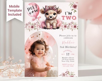 Editable Holy Cow I'm Two 2nd Birthday Invitation, Moo Moo I'm Two Printable Invite, Customizable Canva Template, Cow Theme Instant Download