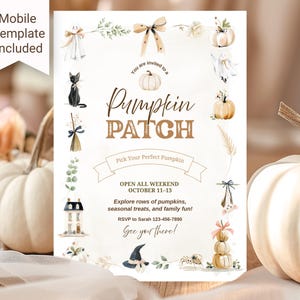 Könnte beinhalten: Eine weiße, rechteckige Einladungskarte mit Aquarellillustrationen von Kürbissen, einer schwarzen Katze, einem Hexenhut und einem Haus. Der Text lautet Pumpkin PATCH, Pick Your Perfect Pumpkin, OPEN ALL WEEKEND OCTOBER 11-13 und RSVP to Sarah 123-456-7890.