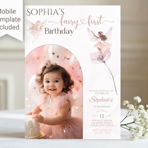 Fairy First 1st Birthday Party Invite, Editable Girl Enchanted Magical Invite With Photo, Blush Pink Canva Template, Instant Download