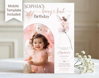Fee erste 1. Geburtstagsparty einladen, bearbeitbares Mädchen verzauberte magische einladen mit Foto, Blush Pink Canva Vorlage, sofortiger Download