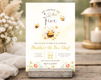 Bee 5th Birthday Invitation, Editable So Sweet To Be Five, Instant Digital Download, Cute Bumble Bee Design, Printable Honey Bee-Day Party