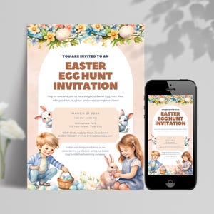 Easter Egg Hunt Invitation, Editable Bunny Party Invite, Instant Download, Customizable Easter Celebration Invite, Fun Spring Egg Hunt