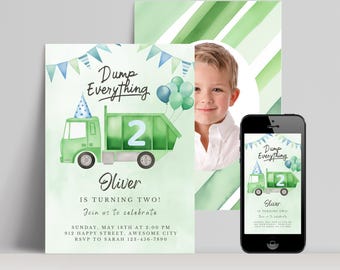 Garbage Truck 2nd Birthday Invitation - Dump Everything Party - Trash Bash Theme - Instant Digital Download - Editable Any Age