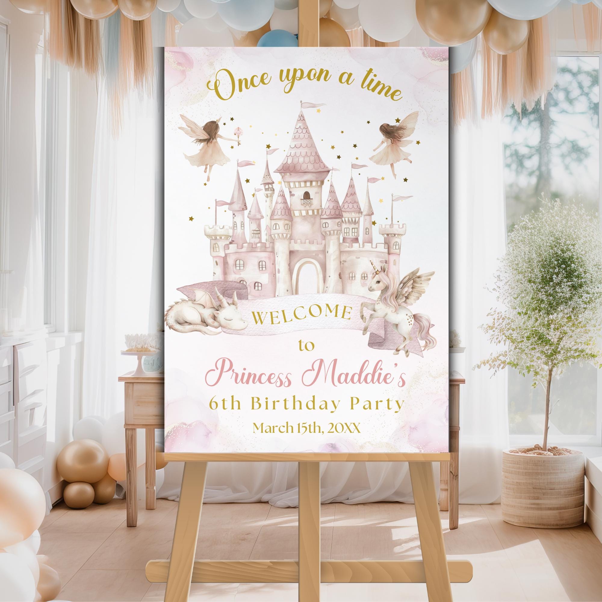 Once Upon a Time Princess 6th Birthday Welcome Sign, Editable Fairytale