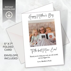 Biglietto personalizzato per la festa della mamma per Mimi, biglietto piegato per la festa della mamma con foto stampabile con busta, modello Canva modificabile, download istantaneo