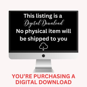 K&ouml;nnte beinhalten: Ein Computermonitor mit dem wei&szlig;en Text This listing is a Digital Download No physical item will be shipped to you und einem Download-Symbol. Unter dem Monitor steht in roter Schrift YOU'RE PURCHASING A DIGITAL DOWNLOAD.