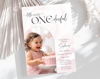 Editable Girl First Birthday Little Miss Onederful Invitation, Minimal 1st Birthday Party Invite With Photo, Instant Download, Boho Birthday
