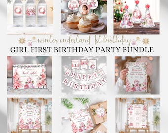 May include: A collection of winter wonderland themed party supplies for a girl's first birthday. The bundle includes water bottle labels, cupcake toppers, tree decorations, a banner, food labels, invitations, and thank you tags. The color scheme is pink and white.