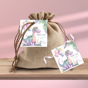 Pastel Dinosaur Thank You Tags, Editable Girl Dinosaur Birthday Party Gift Tag, T-Rex Birthday, Printable Favor Tag, Instant Download