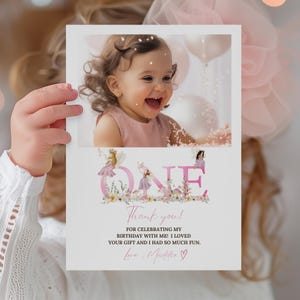 Cartão de agradecimento de fada, cartão de foto floral editável para festa de jardim mágico encantado de menina, modelo de nota de aniversário para impressão, download instantâneo