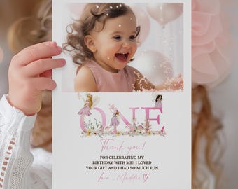 Fairy Thank You Card, Editable Floral Photo Card for Girl Enchanted Magical Garden Party, Printable Birthday Note Template, Instant Download