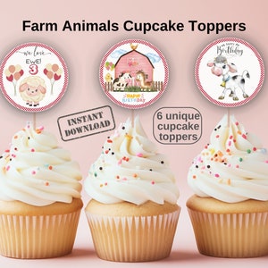 Farm Animals Cupcake Toppers, 3 Year Old Birthday Party Decor, 3rd Birthday Barnyard Bash Theme, Printable Toppers, Instant Download
