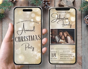 May include: A digital invitation for an annual Christmas party hosted by the Johnston family. The invitation features a gold background with snowflakes and a photo of the family. The text includes the date, time, and location of the party.