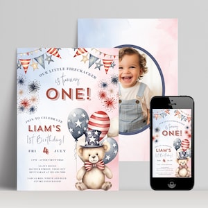 Our Little Firecracker is Turning One, Boy 1st Birthday Invitation, Patriotic Party Decor, 4th of July Celebration, Red White Blue Theme