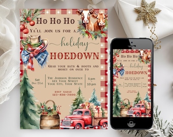 May include: Red and white checkered invitation for a holiday hoedown. The invitation features a red truck with Christmas trees and presents, a cowboy hat, and two cows. The text on the invitation reads "Ho Ho Ho Ya'll Join Us For A Holiday Hoedown".