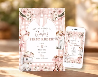 Invitación de cumpleaños para niña con temática de rodeo, plantilla editable de vaquera rosa, descarga digital instantánea, invitación de primer cumpleaños con temática del oeste.