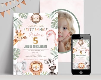 Invitación personalizable para el quinto cumpleaños con el tema de los animales de la fiesta, invitación imprimible de safari en la jungla, descarga digital instantánea, editable para cualquier edad