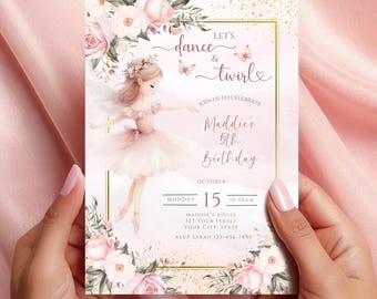 May include: Pink and gold birthday invitation with a ballerina illustration and floral accents. The text reads "Let's dance & twirl" and "Maddie's 5th Birthday".