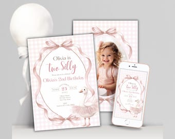 Editable Silly Goose 2nd Birthday Invitation, Printable Girl Two Year Old Invite