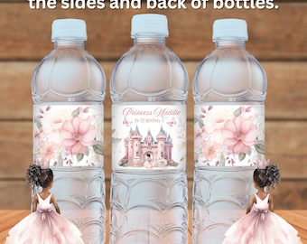 May include: Three clear plastic water bottles with pink and white floral labels. The center label has a pink castle with the text "Princess Maddie is turning 2".