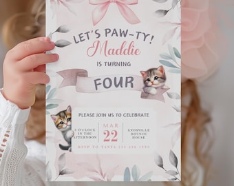 Cat Themed 4th Birthday Invitation, Editable Let's Pawty Party Invite, Digital Instant Download, Printable Kitty Card, Customizable Template