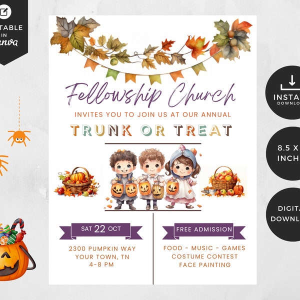 Editable Trunk Or Treat Flyer | Halloween Printable - Canva Template | Halloween Trunk Or Treat Flyer | Printable Template