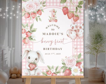 Znak powitalny Berry First Birthday, edytowalny plakat urodzinowy truskawkowy, niestandardowa dekoracja na przyjęcie urodzinowe z okazji 1. urodzin, różowy wystrój, pobieranie cyfrowe