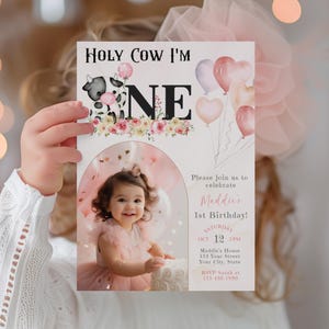 Holy Cow I'm One 1st Birthday Invitation, Editable Cute Cow Invite, Customizable Farm Theme, Digital Instant Download, First Birthday