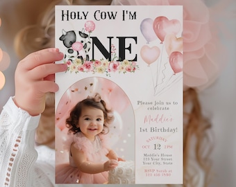 Holy Cow I&#39;m One 1st Birthday Invitation, Editable Cute Cow Invite, Customizable Farm Theme, Digital Instant Download, First Birthday