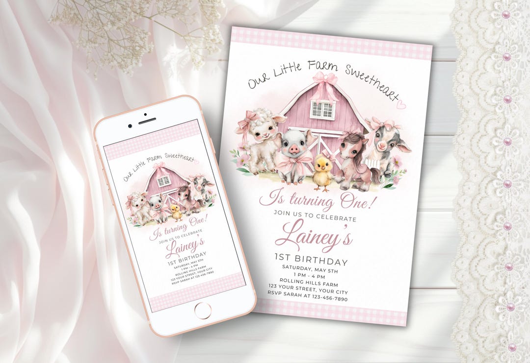 Little Farm Sweetheart 1st Birthday Invitation, Girl Pink Farm Animals ...