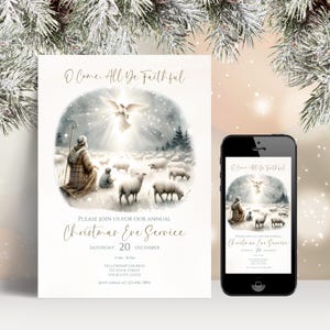 Op de afbeelding: Een uitnodiging voor de kerstavonddienst met de tekst "O Come, All Ye Faithful". Het ontwerp toont een aquarel illustratie van een herder, schapen en een engel. Een smartphone toont dezelfde uitnodiging.
