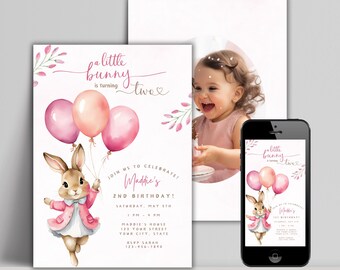 Un conejito cumple dos años, invitación editable para el segundo cumpleaños, descarga digital, tema de primavera de Pascua, invitación de un conejito cumple dos años