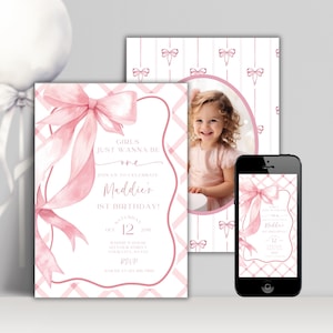 Girls Just Wanna Be One Invitation, Coquette Pink Bow 1st Birthday Invite, Editable Instant Digital Download Template, Girl First Birthday
