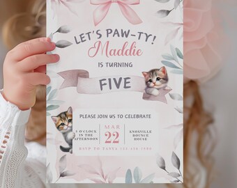 Cat Themed 5th Birthday Invitation, Editable Let's Pawty Party Invite, Digital Instant Download, Printable Kitty Card, Customizable Template