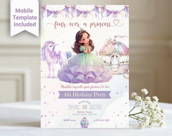 May include: A birthday party invitation card featuring a girl in a green and purple gown, a unicorn, and a carriage. The text reads four ever a princess, Maddie requests your presence to her 4th Birthday Party, Saturday September 10, 3 pm - 4 pm.